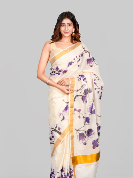 Purple orchid | Off White Kasavu Cotton Saree with Floral Print – Elegant Traditional Ethnic Wear
