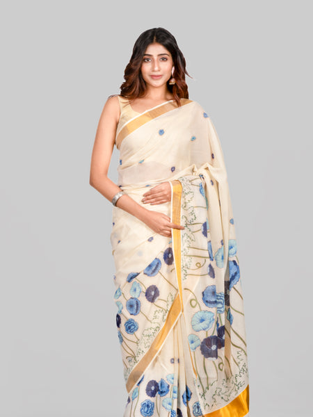 Daydream | Off White Kasavu Cotton Saree with Floral Print Pallu – Elegant Traditional Ethnic Wear