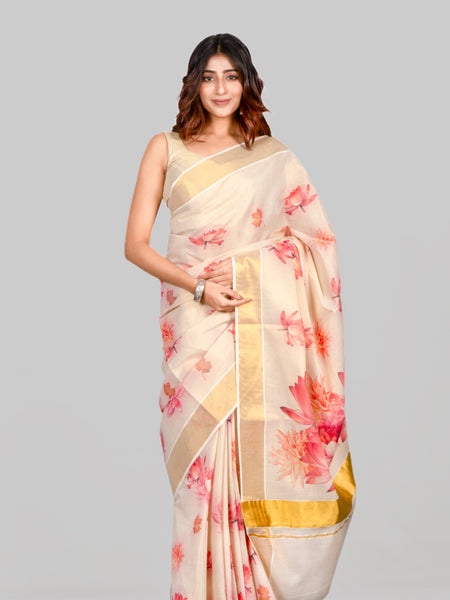 Red calla lilly | Traditional Off White Kasavu Cotton Saree with Designer Floral Pallu