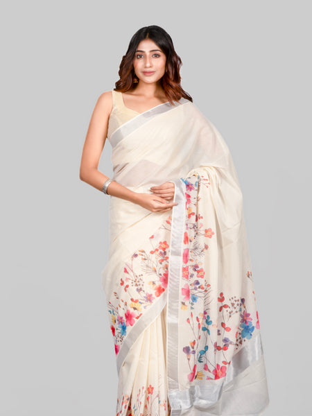 White bird White Cotton Linen Saree with Silver Zari Border and Floral Digital Print Pallu