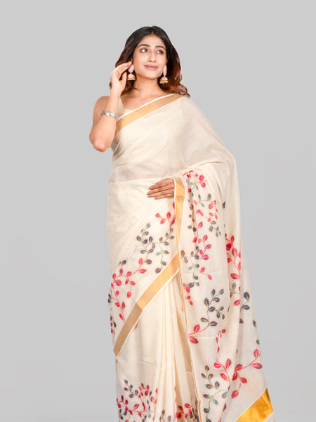 Cherry blossom | Off White Kasavu Cotton Saree with Motif Printed Pallu – Elegant Ethnic Wear
