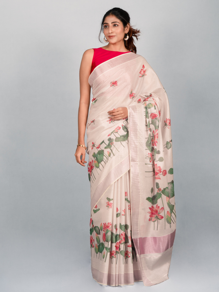 Water lilly Women’s White Kasavu Cotton Saree with Silver Zari Border
