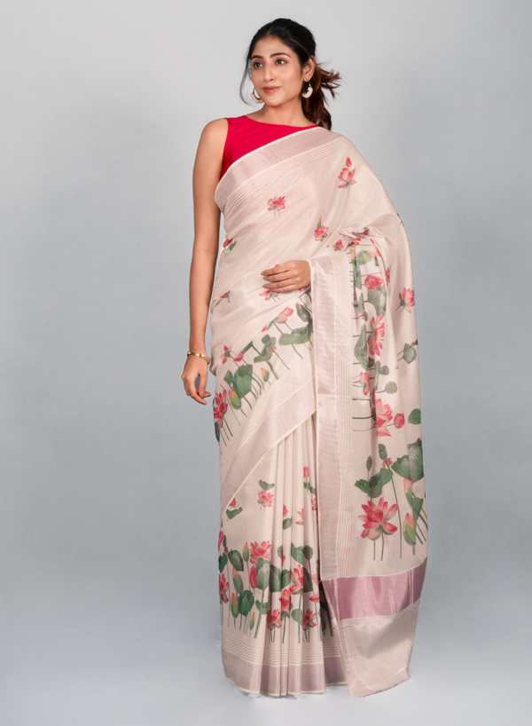 Water lilly Women’s White Kasavu Cotton Saree with Silver Zari Border