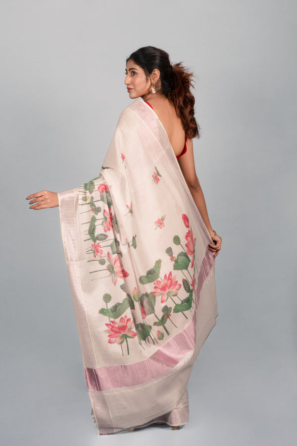 Water lilly Women’s White Kasavu Cotton Saree with Silver Zari Border