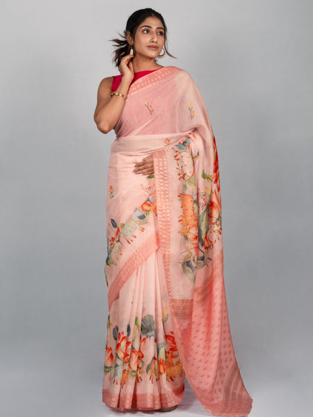 The peach blossom saree Peach Floral Printed Kota Jamdani Saree for Women