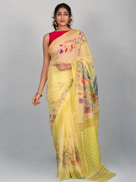The lemon zest saree Elegant Lemon Yellow Kota Jamdani Floral Digital Print Saree