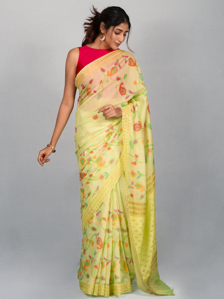 The summer meadow saree Traditional Yellow Kota Jamdani Printed Saree with Floral Motif