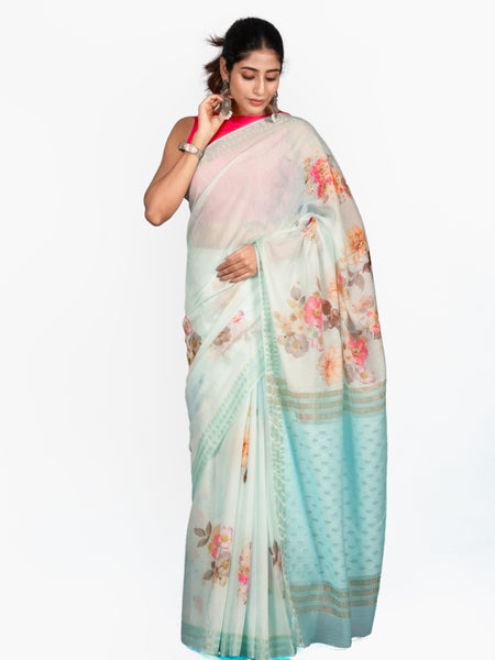 The sea foam serenity saree Sea Green Floral Printed Kota Jamdani Saree for Women