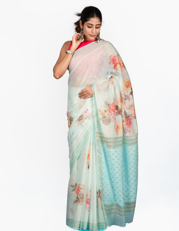The sea foam serenity saree Sea Green Floral Printed Kota Jamdani Saree for Women
