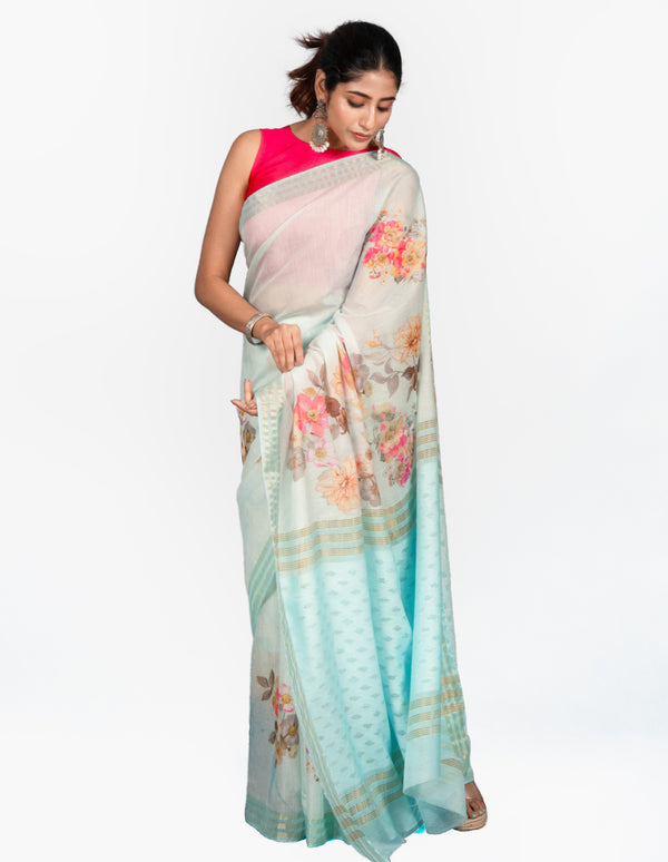 The sea foam serenity saree Sea Green Floral Printed Kota Jamdani Saree for Women