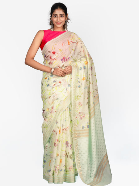 The spring blossom saree Green Floral Printed Kota Jamdani Saree for Women