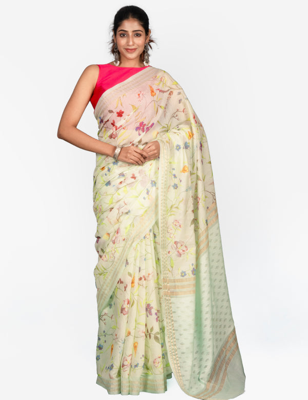 The spring blossom saree Green Floral Printed Kota Jamdani Saree for Women