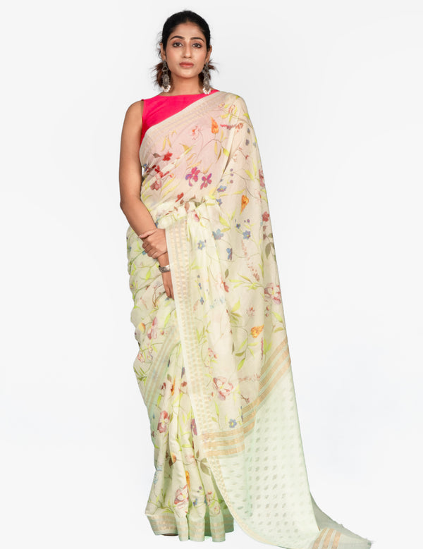 The spring blossom saree Green Floral Printed Kota Jamdani Saree for Women