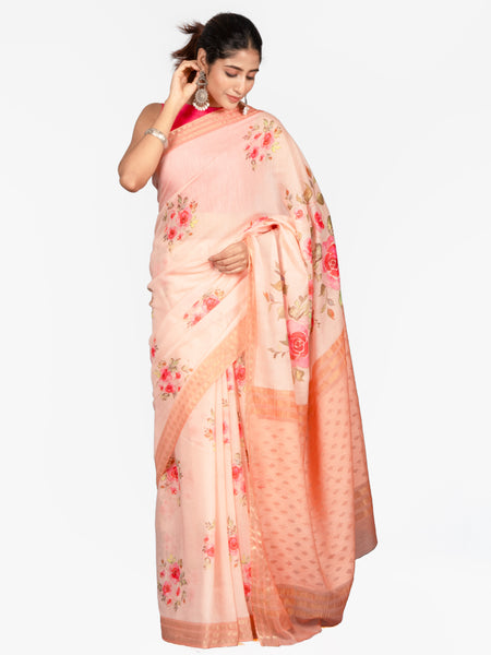 The rose garden saree Elegant Pink Kota Jamdani Floral Digital Print Saree