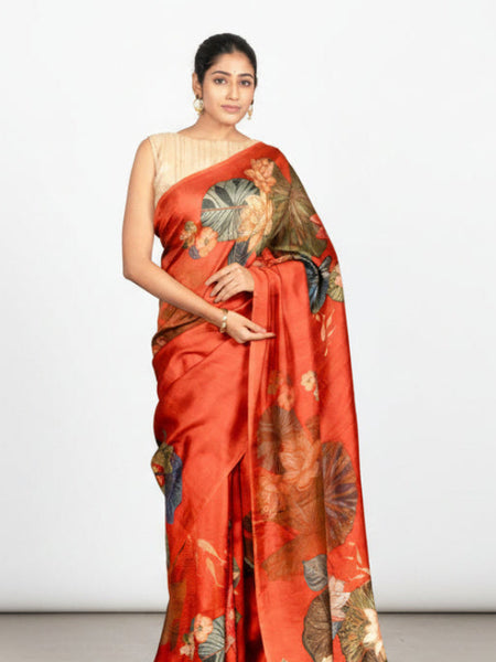 Rustic lotus charm Elegant Red Mulberry Silk Saree with Floral and Motif Design