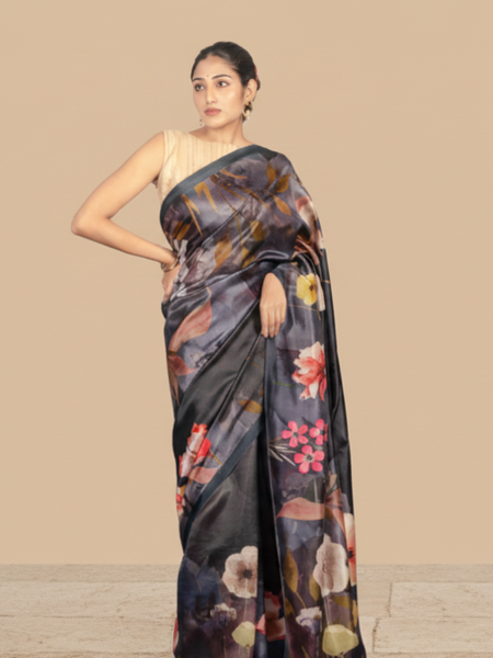 Midnight Bloom  Black Semi Mulberry Silk Saree Elegant Traditional Ethnic Wear for Women
