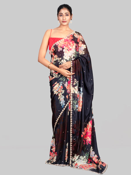 Midnight Petals Designer Black Multicolor Chinnon Saree with Flowing Finish