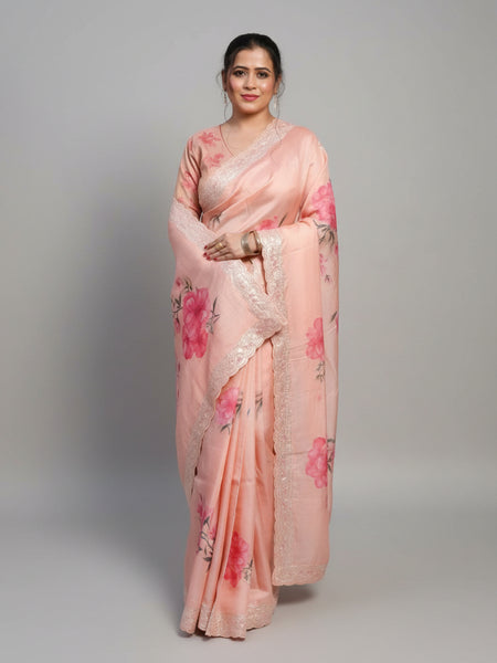 Peach aura Designer Peach Tussar Floral Saree – Timeless Printed Silk Saree