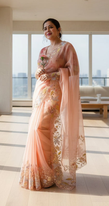 Woman in a pink saree with floral patterns against a green and beige wall.