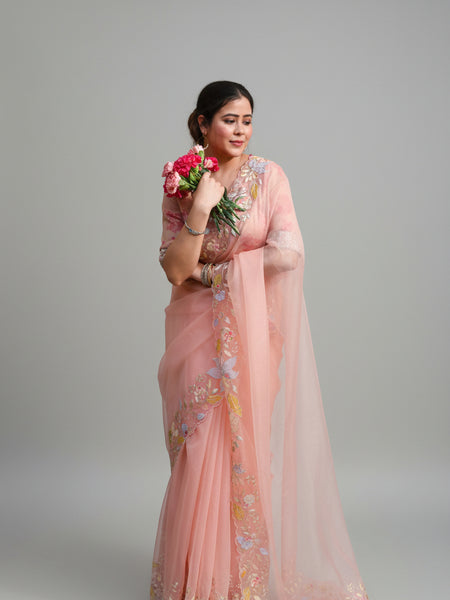 Sakura Designer Pastel Organza Saree – Lightweight Sheer Festive Saree