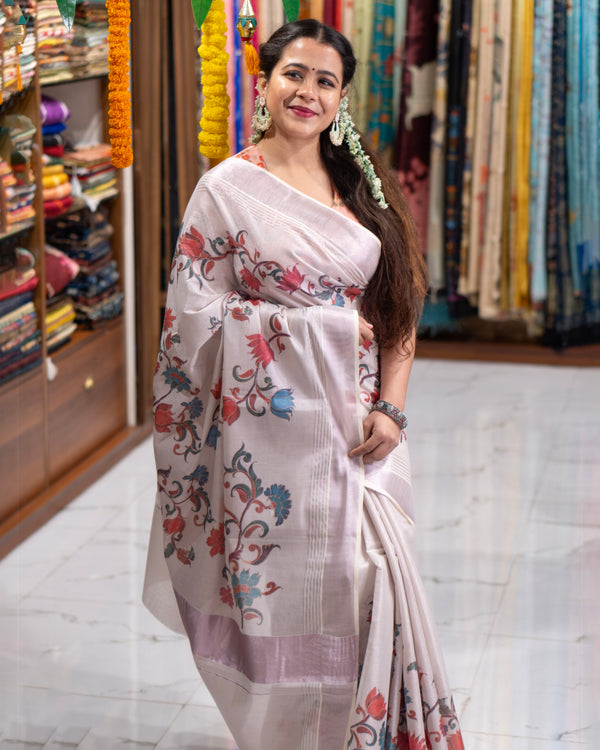 Saanvi Women’s White Saree with Silver Zari Traditional Floral Design