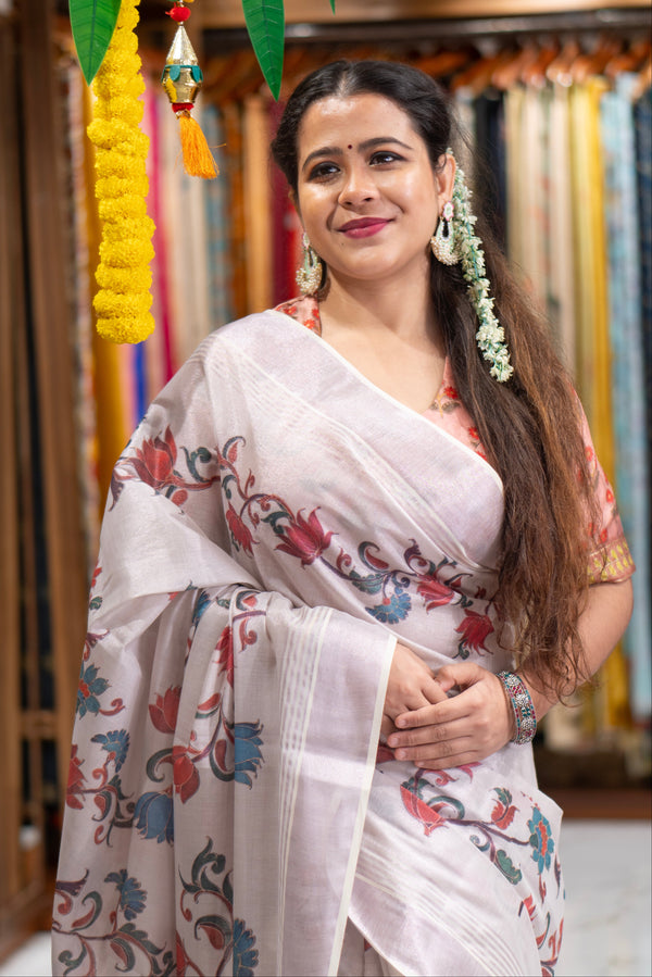 Saanvi Women’s White Saree with Silver Zari Traditional Floral Design