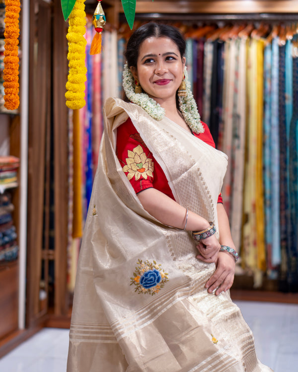 ADHYA Premium Tissue Silk Saree with All Over Buti Design and Rich Zari Border