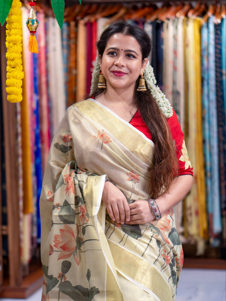 PADMA Elegant Handwoven Style Saree with Floral Motifs and Golden Zari Border Detailing
