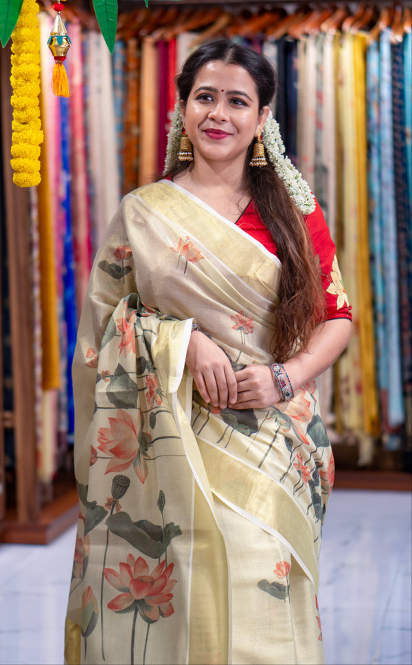 PADMA Elegant Handwoven Style Saree with Floral Motifs and Golden Zari Border Detailing