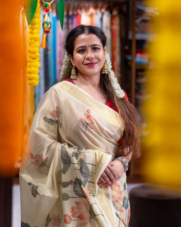 PADMA Elegant Handwoven Style Saree with Floral Motifs and Golden Zari Border Detailing