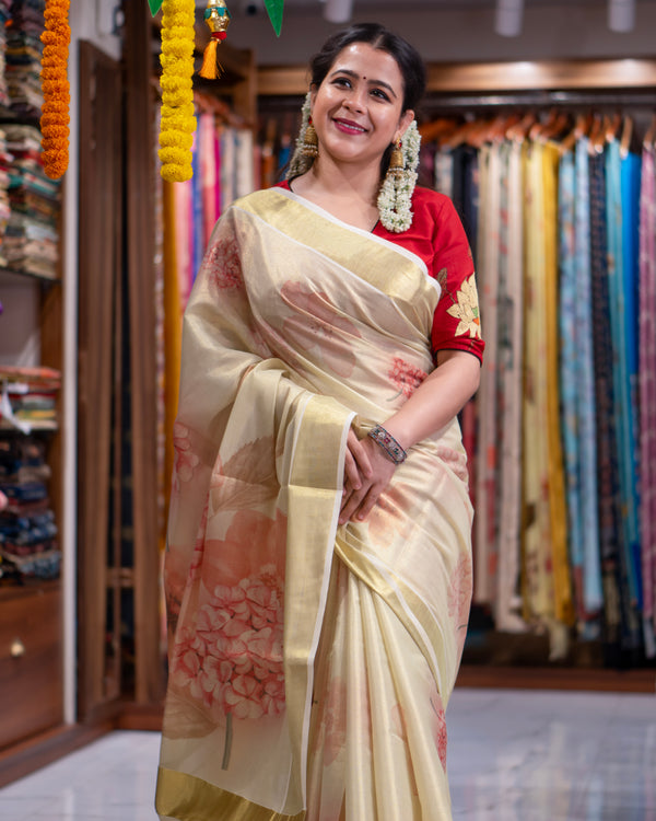 ANJALI Luxury Floral Saree with Elegant Golden Zari Border | Timeless Ethnic Wear for Women