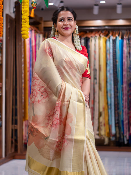 ANJALI Luxury Floral Saree with Elegant Golden Zari Border | Timeless Ethnic Wear for Women