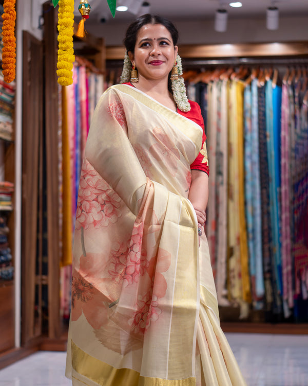 ANJALI Luxury Floral Saree with Elegant Golden Zari Border | Timeless Ethnic Wear for Women