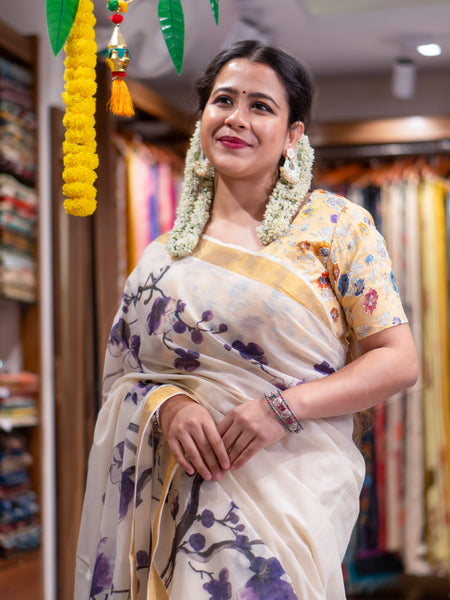 Shankhapushpa Women’s White Saree with Golden Zari Traditional Floral Pattern