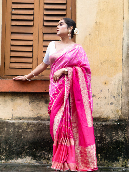 GULABO Designer Banarasi Khaddi Saree with Geometric Pattern & Elegant Pink Shade