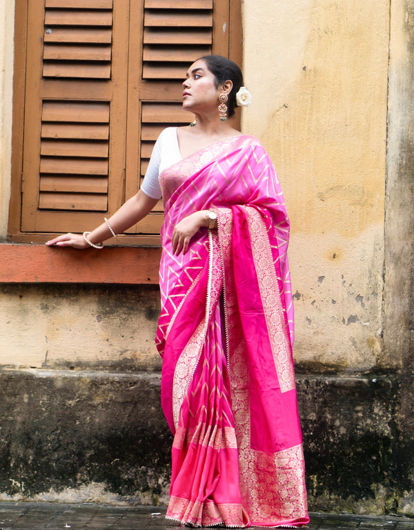 GULABO Designer Banarasi Khaddi Saree with Geometric Pattern & Elegant Pink Shade