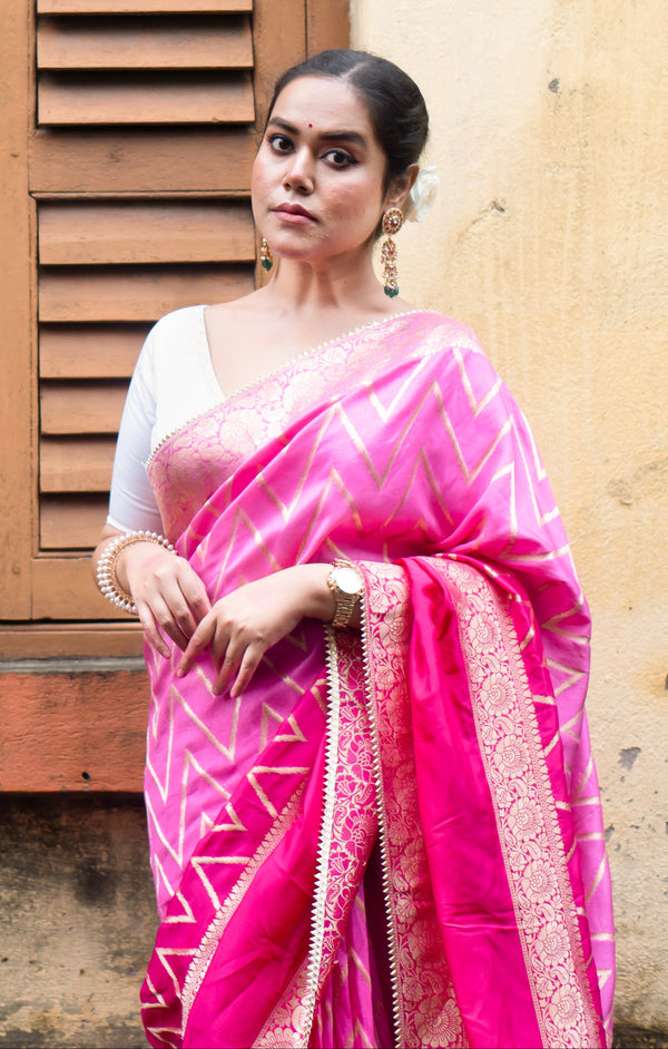 GULABO Designer Banarasi Khaddi Saree with Geometric Pattern & Elegant Pink Shade