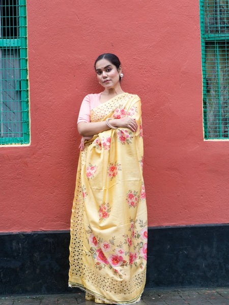 Floral opus floral yellow saree Traditional Yellow Tussar Saree with Artisan Craft Detail