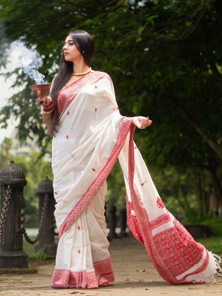 Gouri Elegant Red White Jamdani Saree with All Over Buta Design
