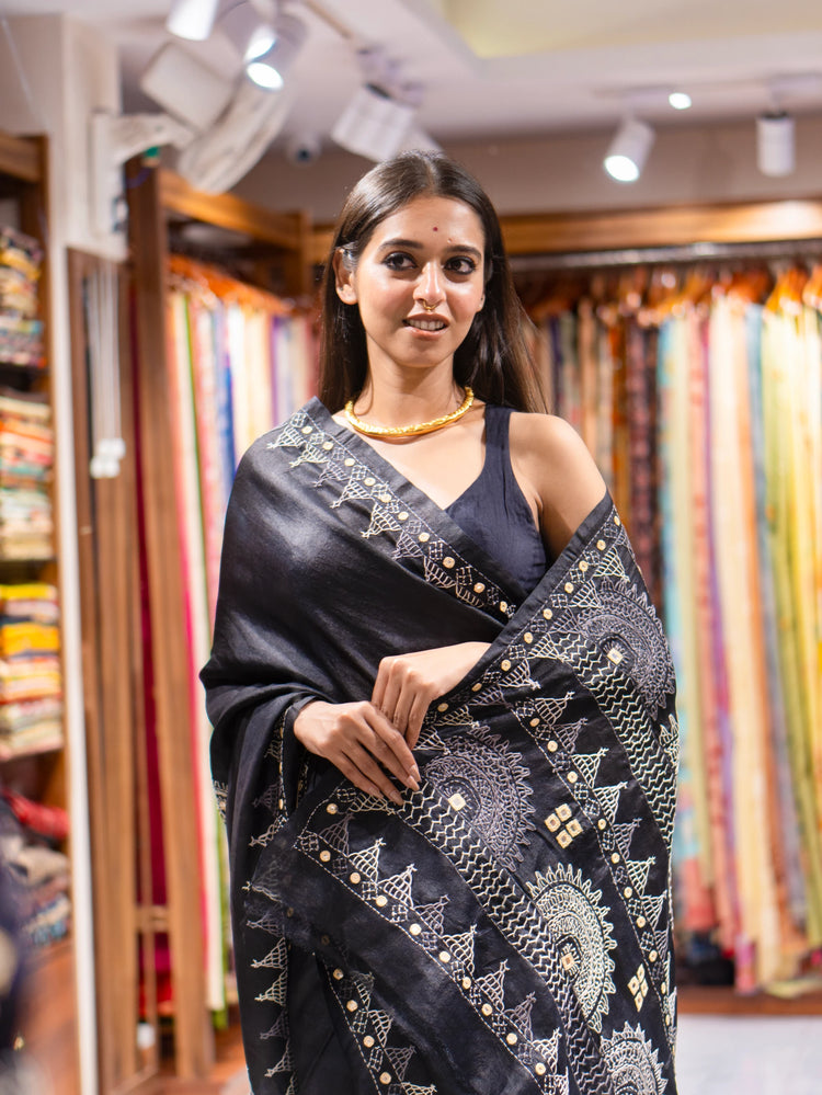 Handcrafted Black Tussar Saree