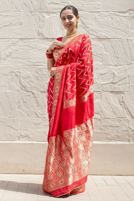 Rajmohini banarasi Elegant Red Khaddi Woven Saree with Traditional Zari Border