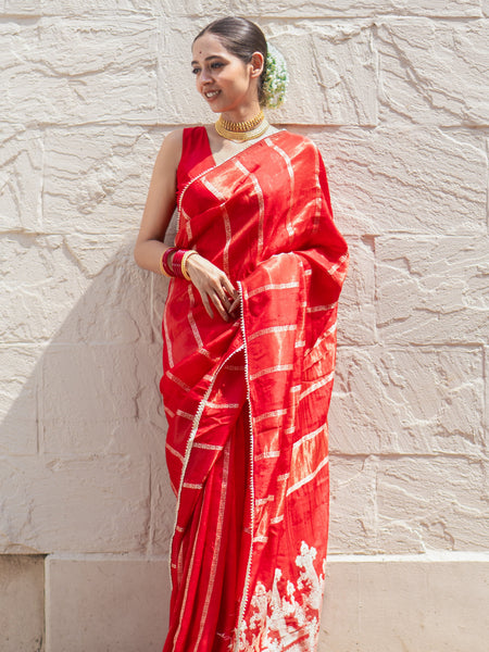 Kumkum kalpana Women’s Red Khaddi Woven Saree with Ethnic Zari Detailing