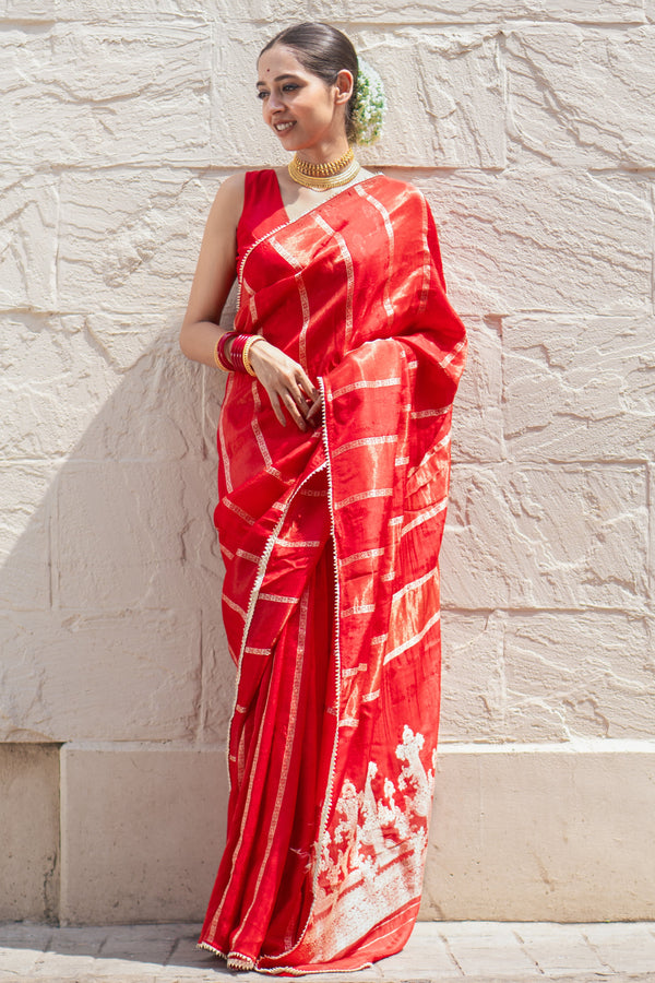 Kumkum kalpana Women’s Red Khaddi Woven Saree with Ethnic Zari Detailing