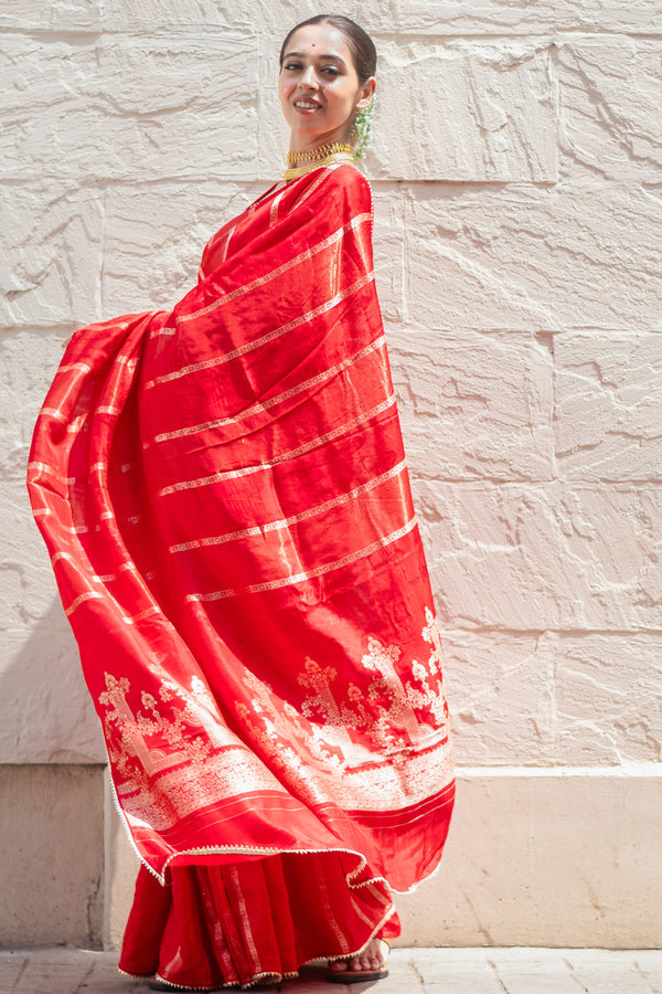 Kumkum kalpana Women’s Red Khaddi Woven Saree with Ethnic Zari Detailing