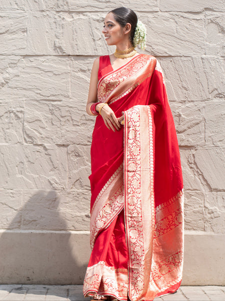 Crimson grace Premium Red Woven Khaddi Saree with Classic Zari Border