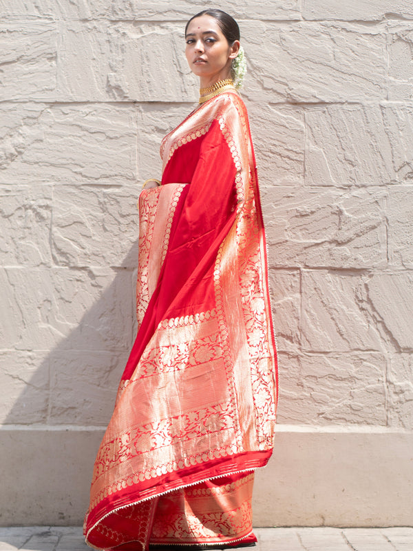 Crimson grace Premium Red Woven Khaddi Saree with Classic Zari Border