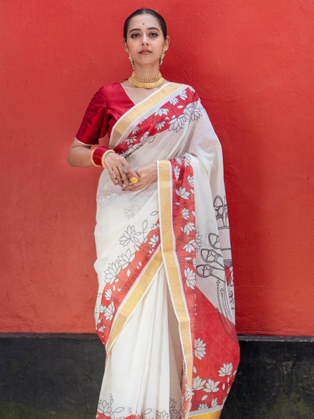 Shlok tattva Premium White Kasavu Saree with Golden Border and Red Pallu Print