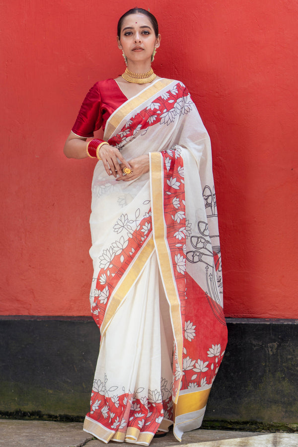 Shlok tattva Premium White Kasavu Saree with Golden Border and Red Pallu Print
