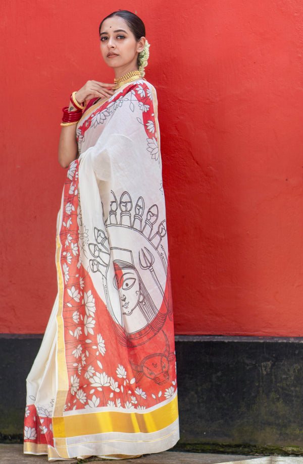 Shlok tattva Premium White Kasavu Saree with Golden Border and Red Pallu Print
