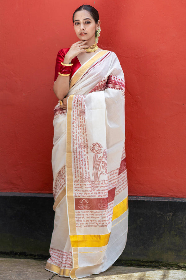 Kavya pallavi Traditional White Cotton Kasavu Saree with Golden Border Design